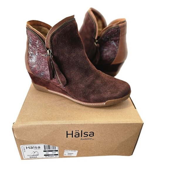 Hälsa Dana Ankle Wedge Bootie Womens 9 Brown Suede and Brown Leather Double Zip - Picture 10 of 14